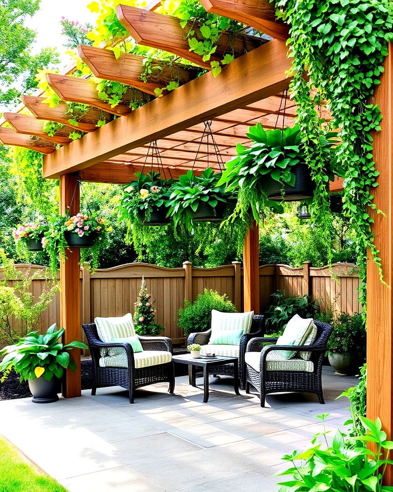 concrete patio with pergola and hanging garden