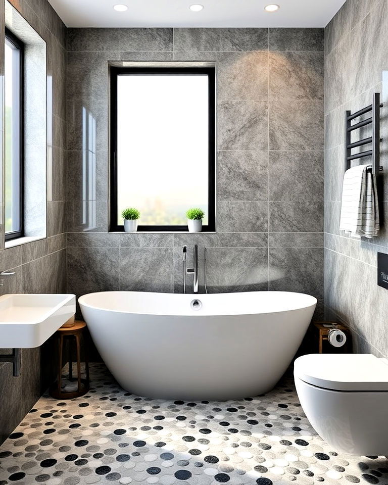 contemporary bathroom with polished pebbles