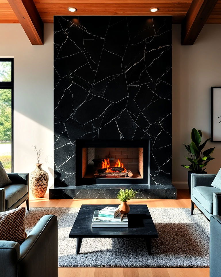 contemporary black granite fireplace