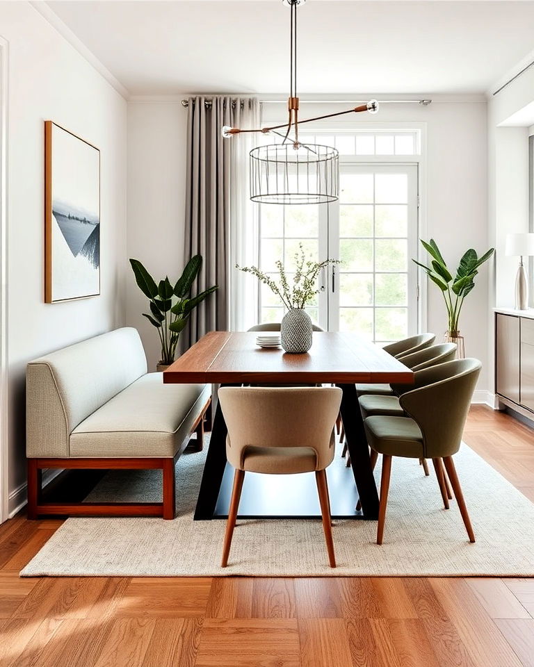 contemporary dining room with a bench