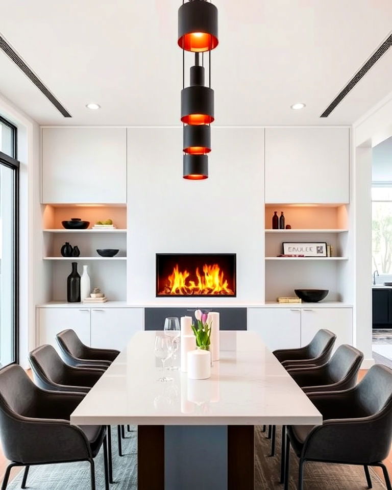 contemporary dining room with floating fireplace