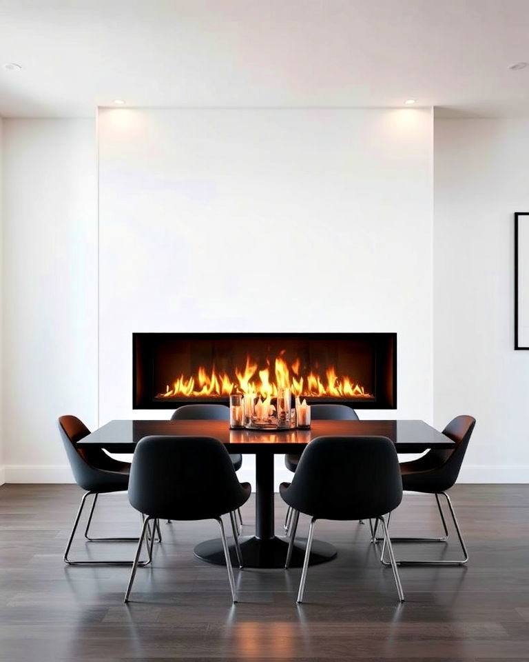 contemporary dining room with glass fireplace