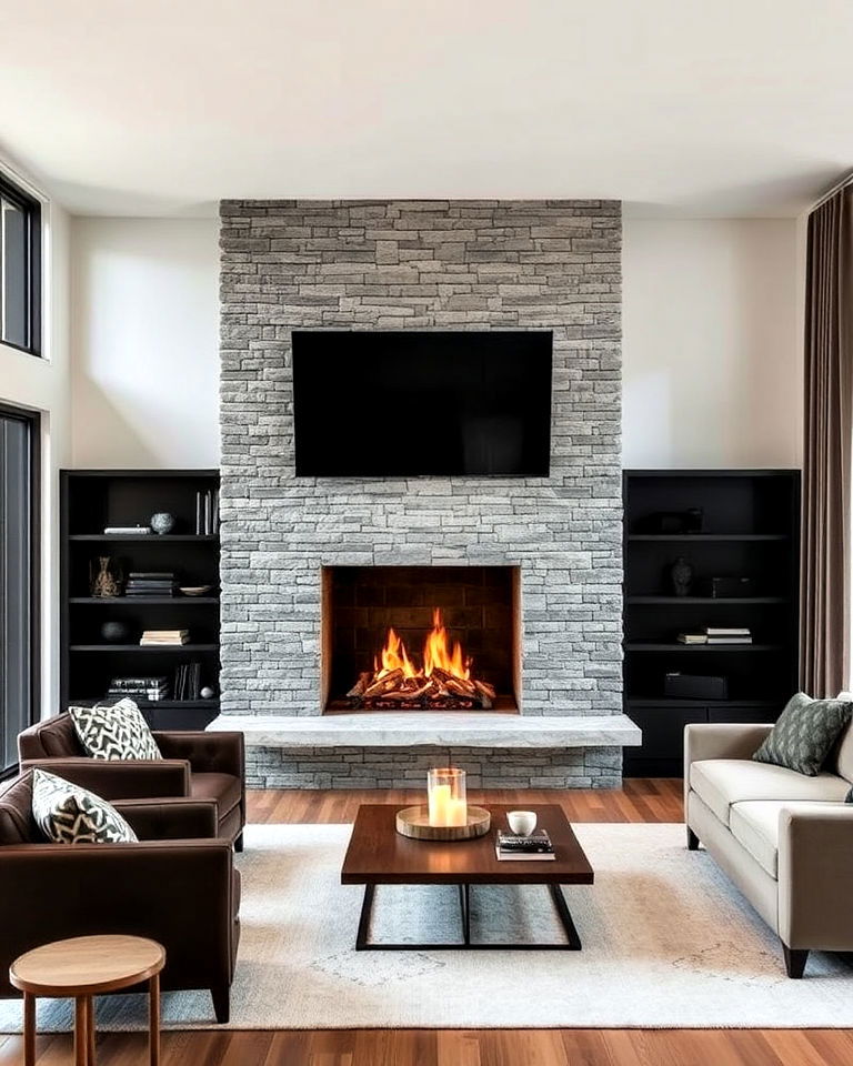 contemporary floating stacked stone fireplace