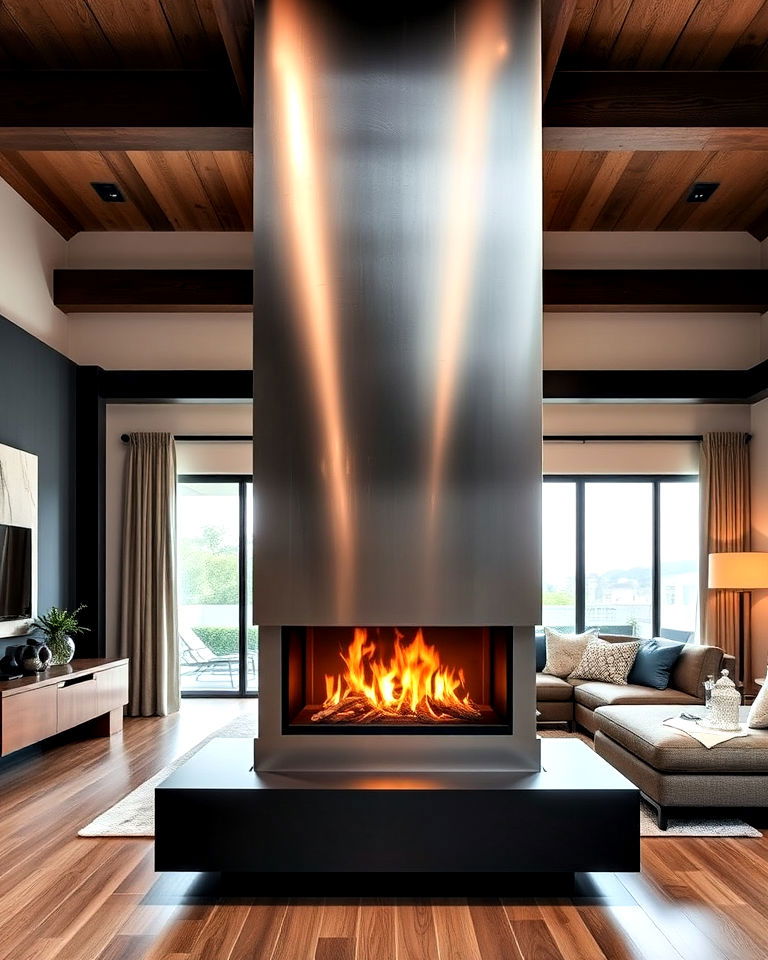 contemporary metal floor to ceiling fireplace