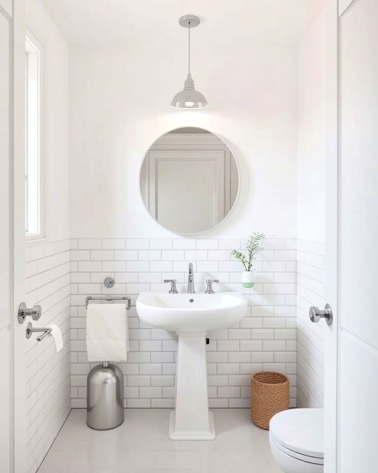 contemporary minimalism bathroom with half wall white tiles