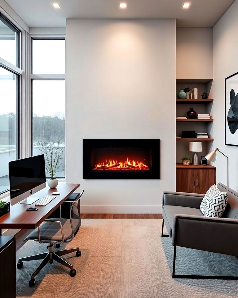 contemporary office with glass front fireplace