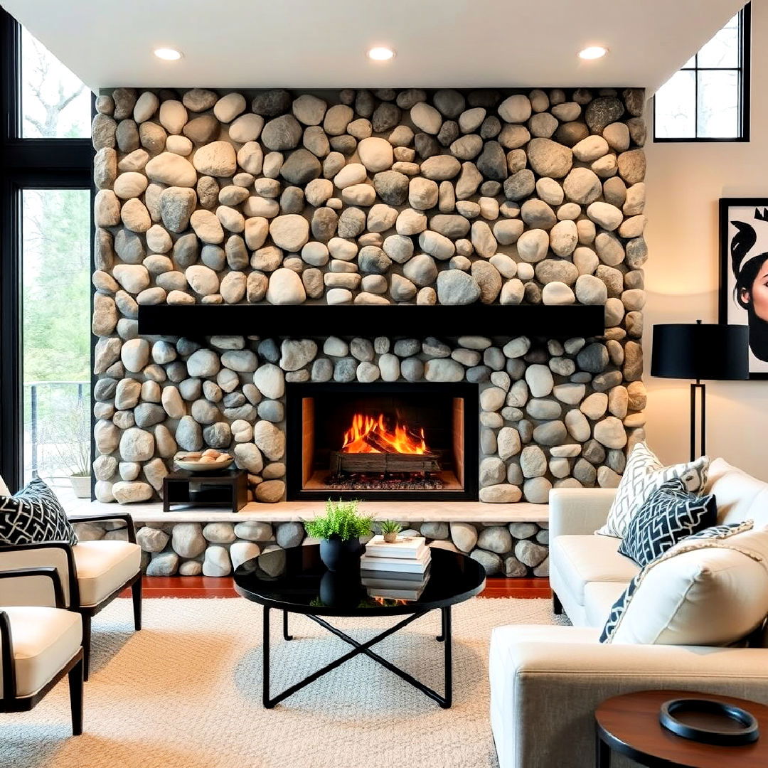 contemporary river rock fireplace with black accents