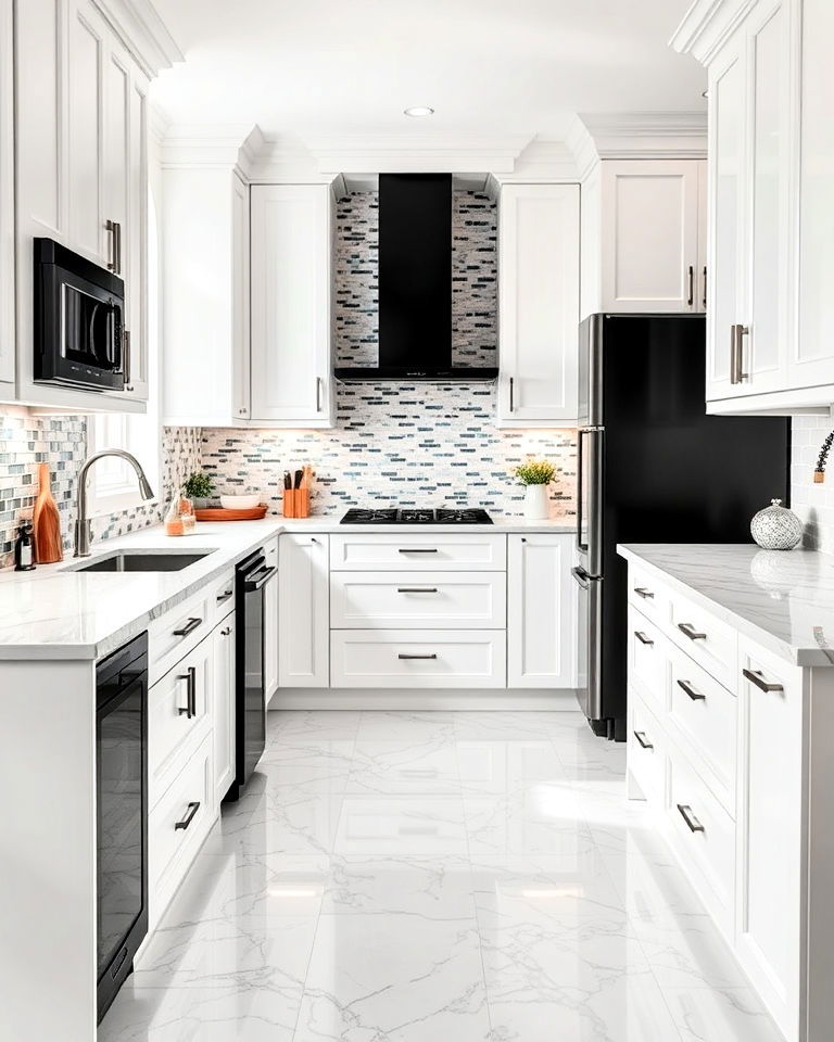 contemporary white kitchen with marble flooring