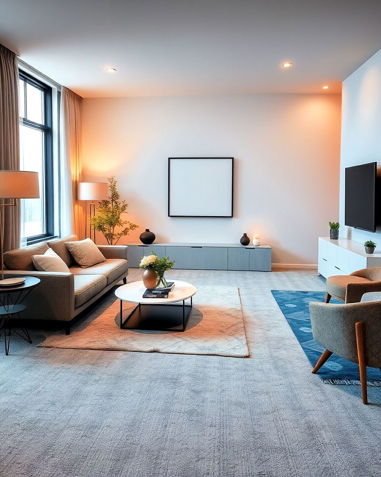 contrast cool grey carpet with warm lighting
