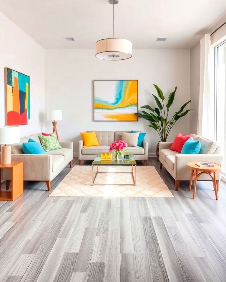 contrast grey living room floor with bright accents