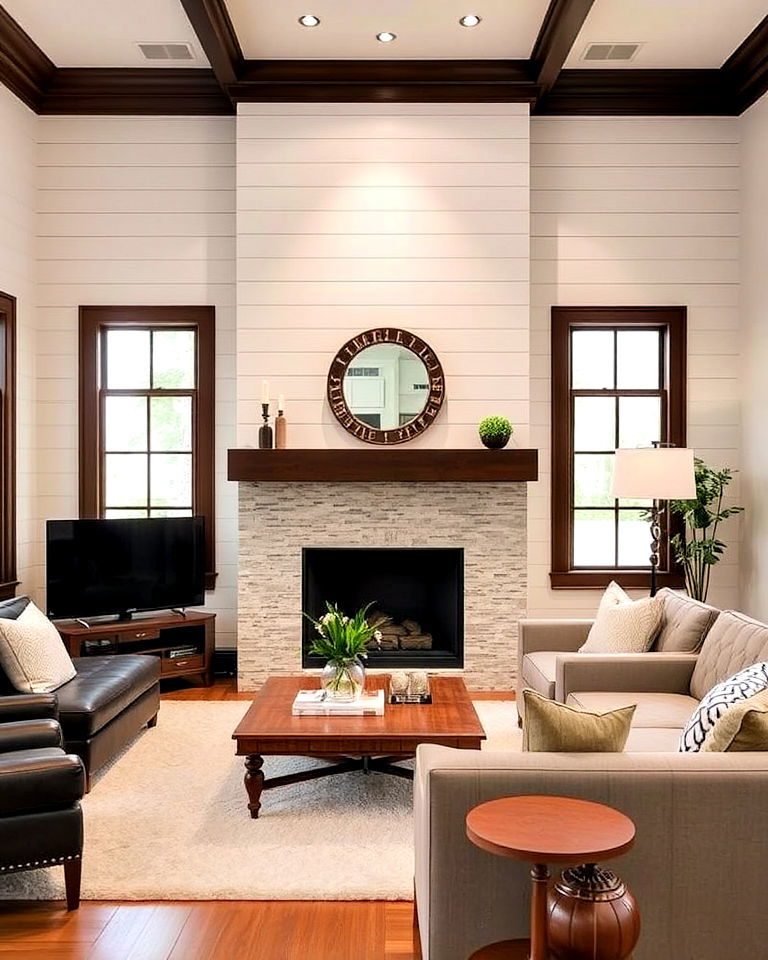 contrasting trim with shiplap for living room