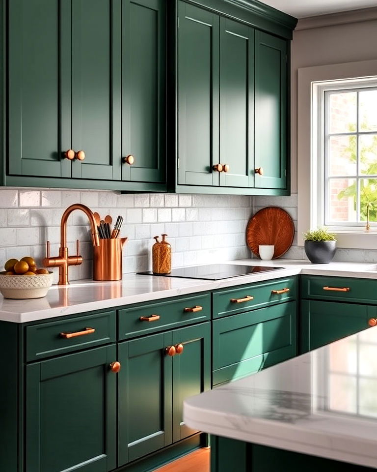 copper accents on green cabinets