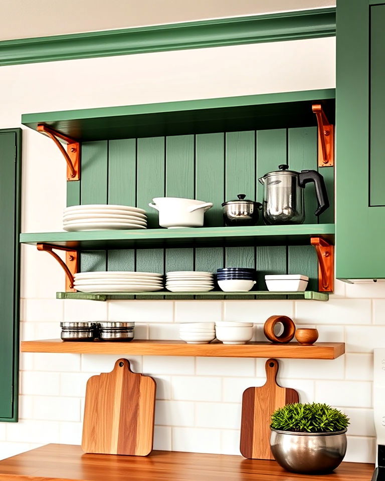 copper and green open shelving