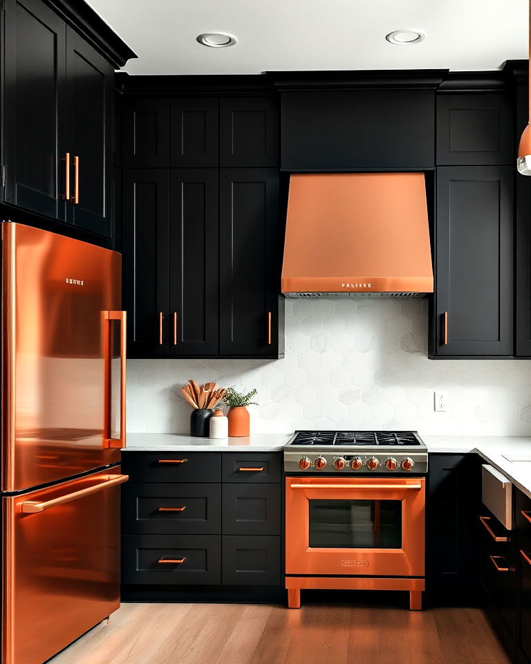 copper appliances against black cabinets