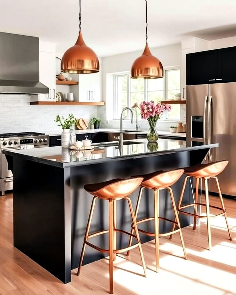 copper bar stools with black island