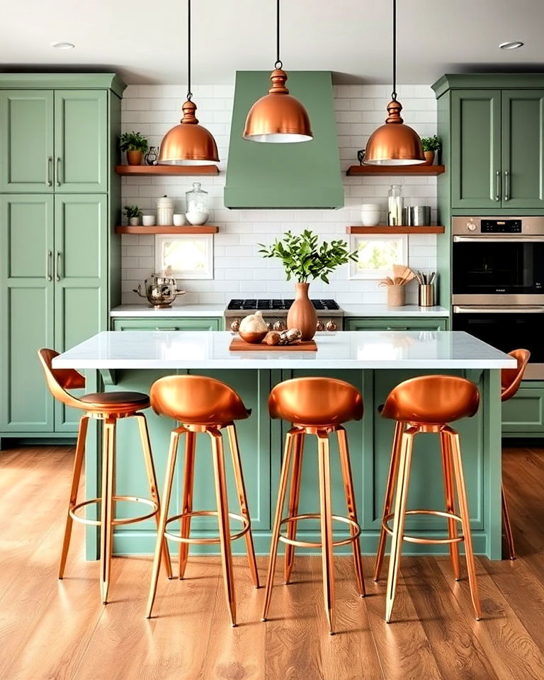 copper bar stools with green island