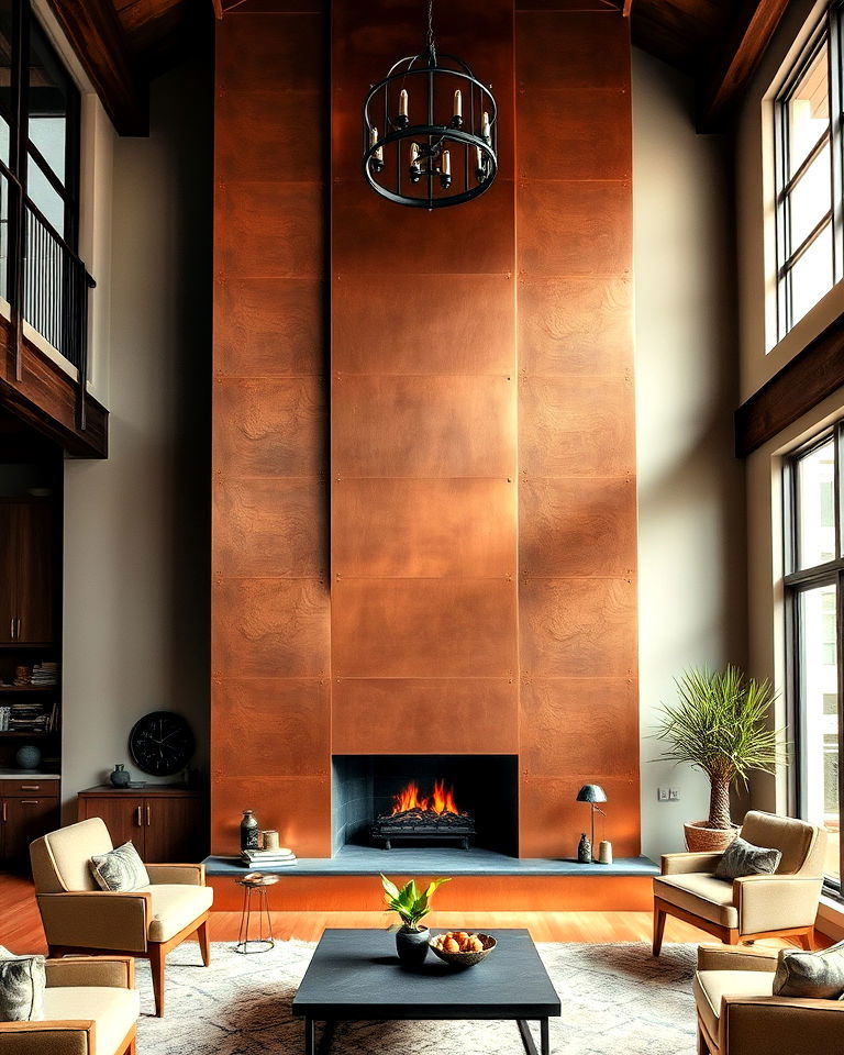 copper clad fireplace for an industrial touch