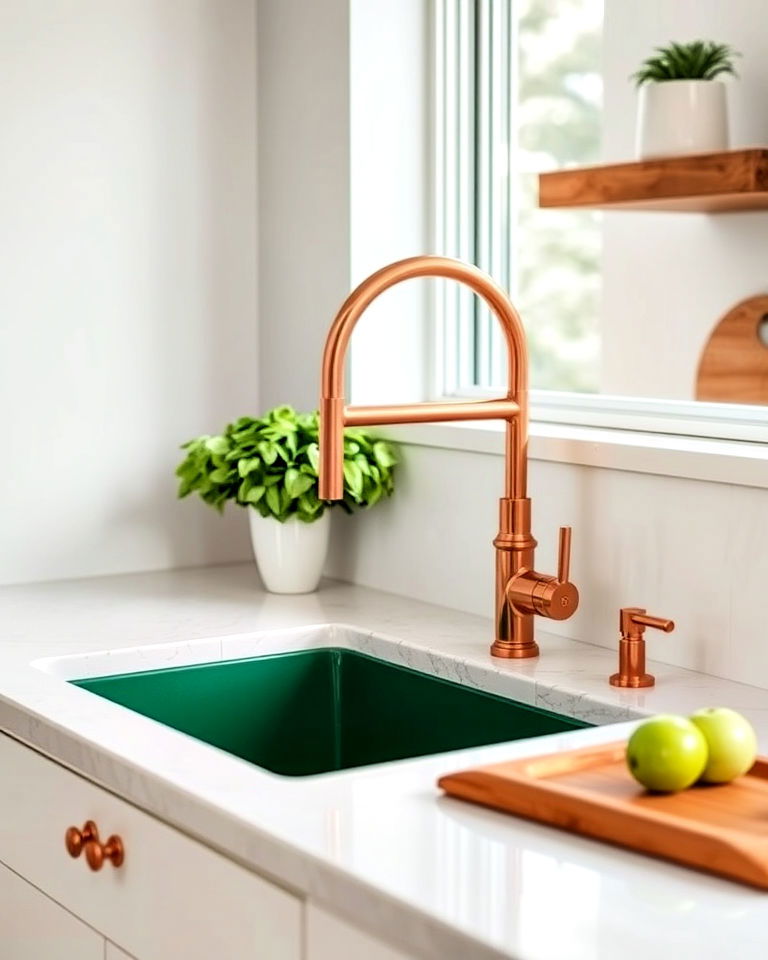 copper faucet with green sink