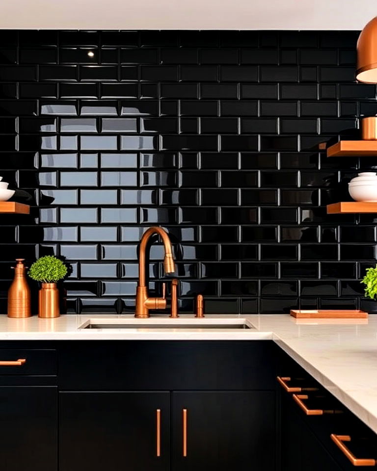 copper fixtures with black subway tiles