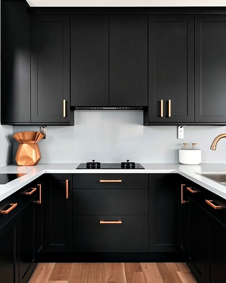 copper handles on matte black cabinets
