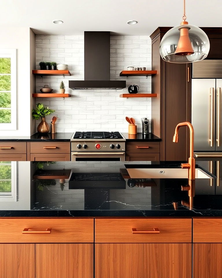 copper handles with black quartz countertop