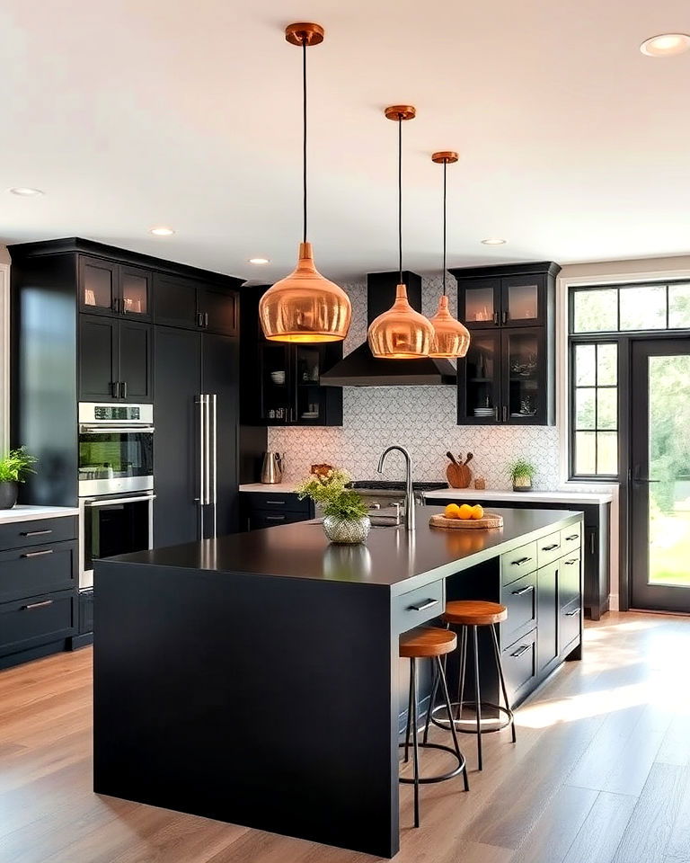 copper pendant lights over a black island
