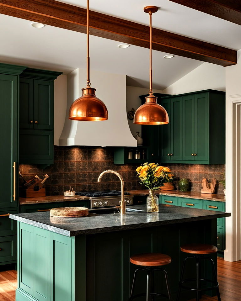 copper pendant lights over green island