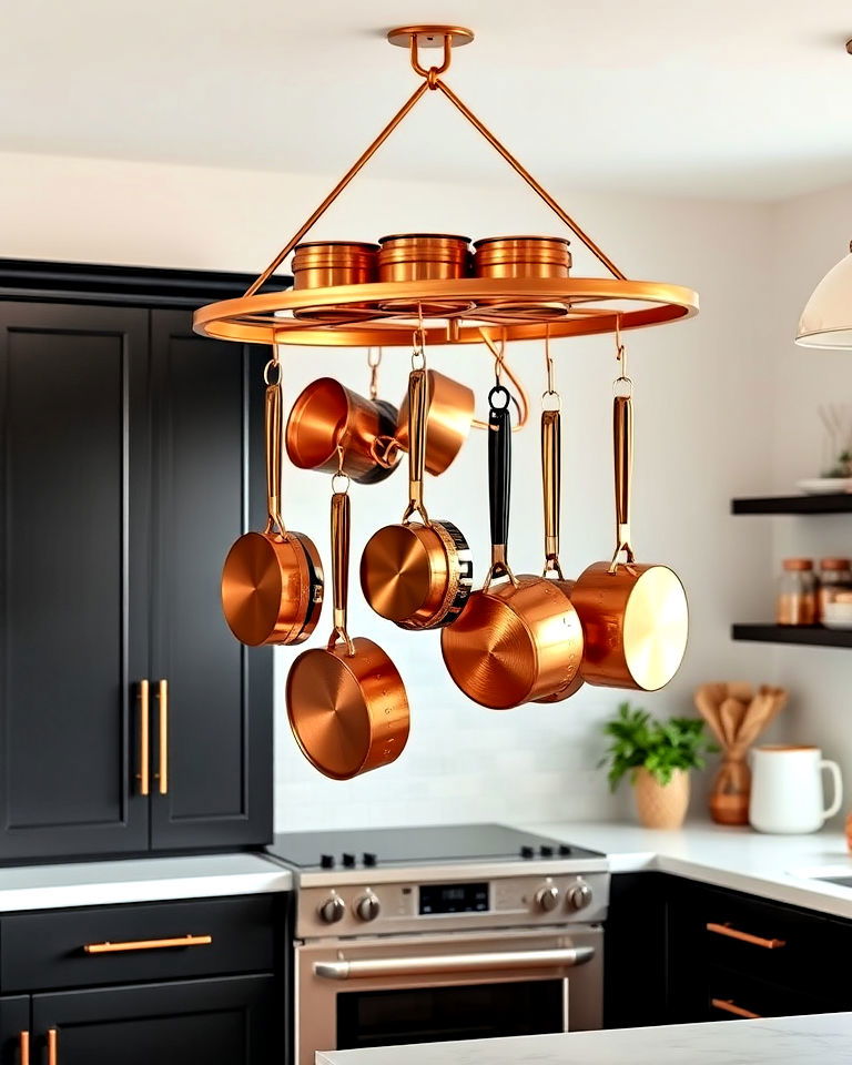 copper pot rack with black cabinets