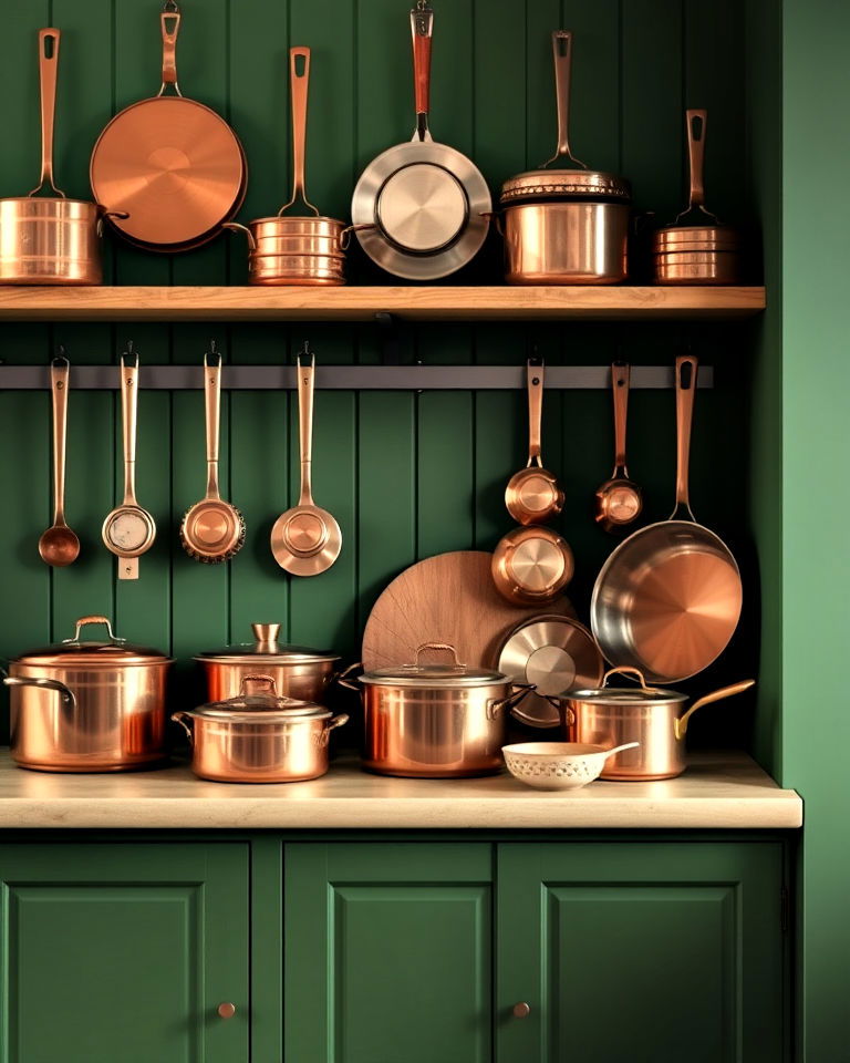 copper pots and pans displayed against green walls