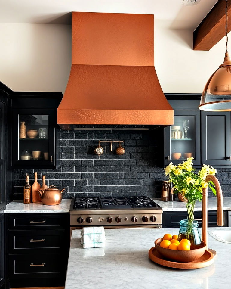 copper range hood with black cabinets