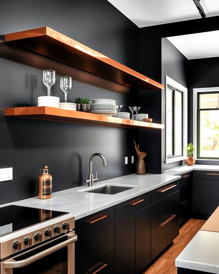 copper shelves against black walls for kitchen