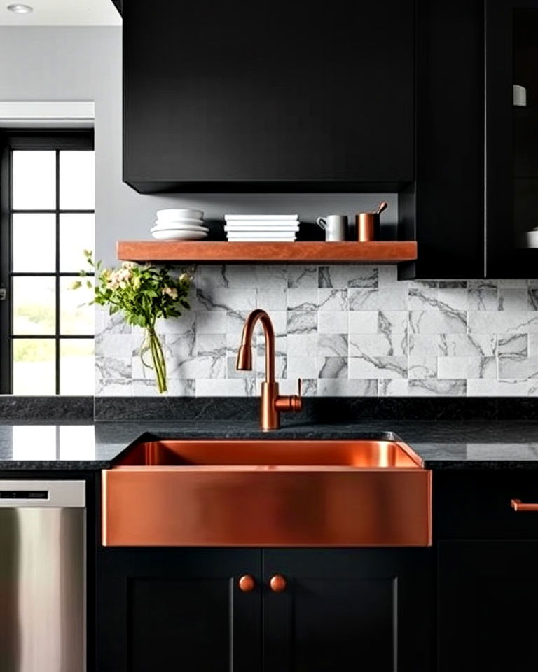 copper sink in a black kitchen