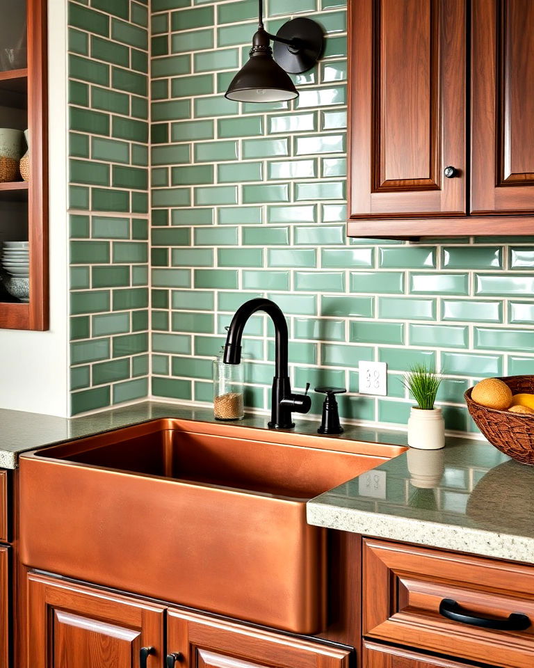 copper sinks with green tile surround