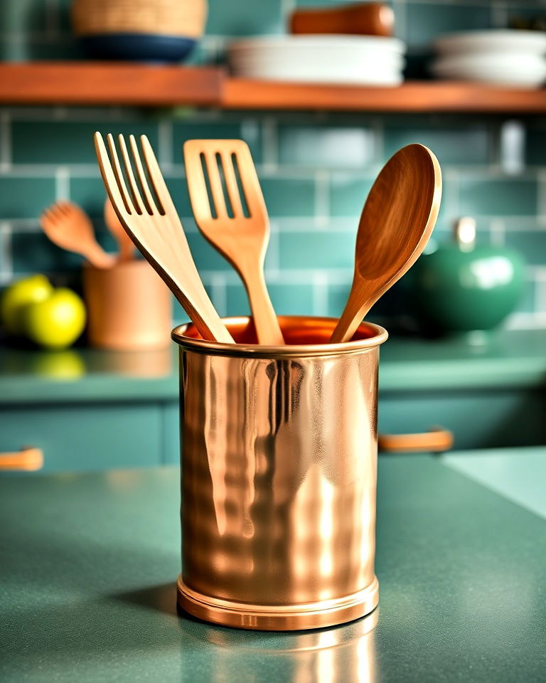 copper utensil holder on green countertops