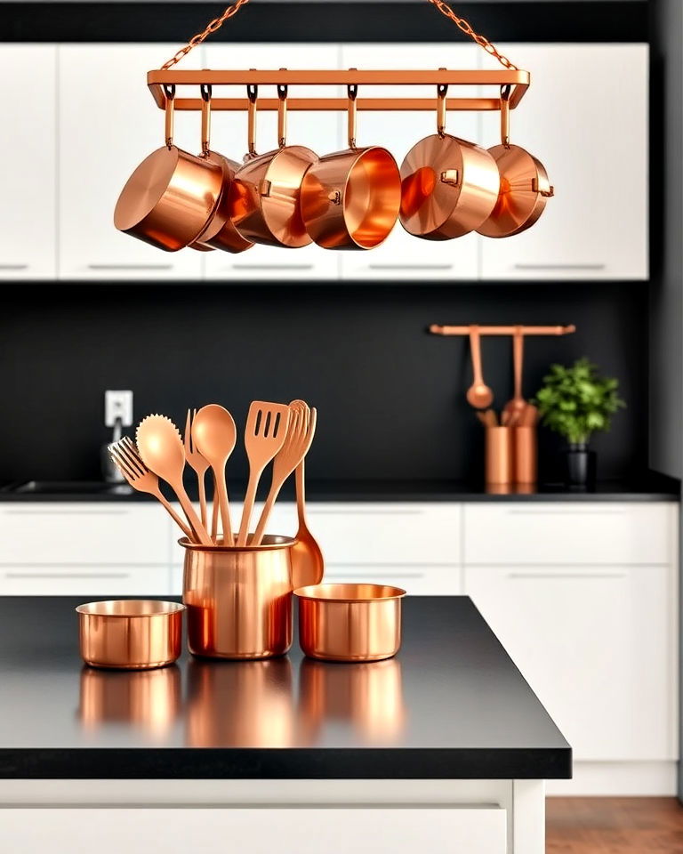 copper utensils and black countertop display