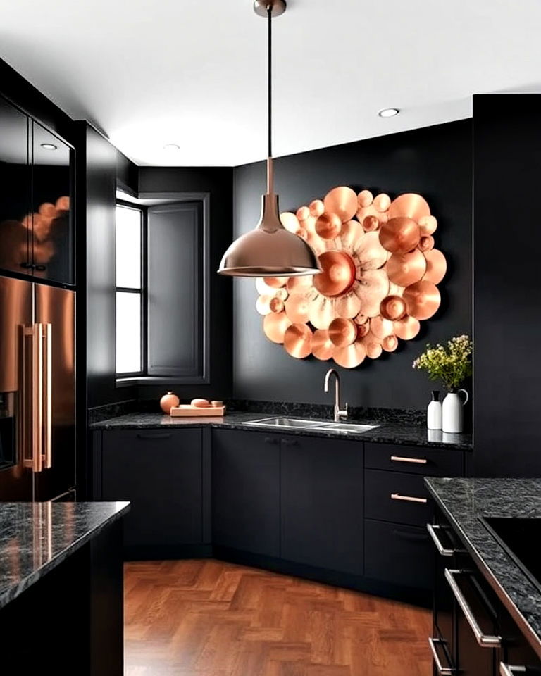 copper wall art against black walls