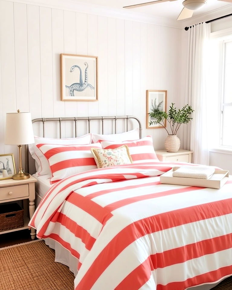 coral and white striped bedding