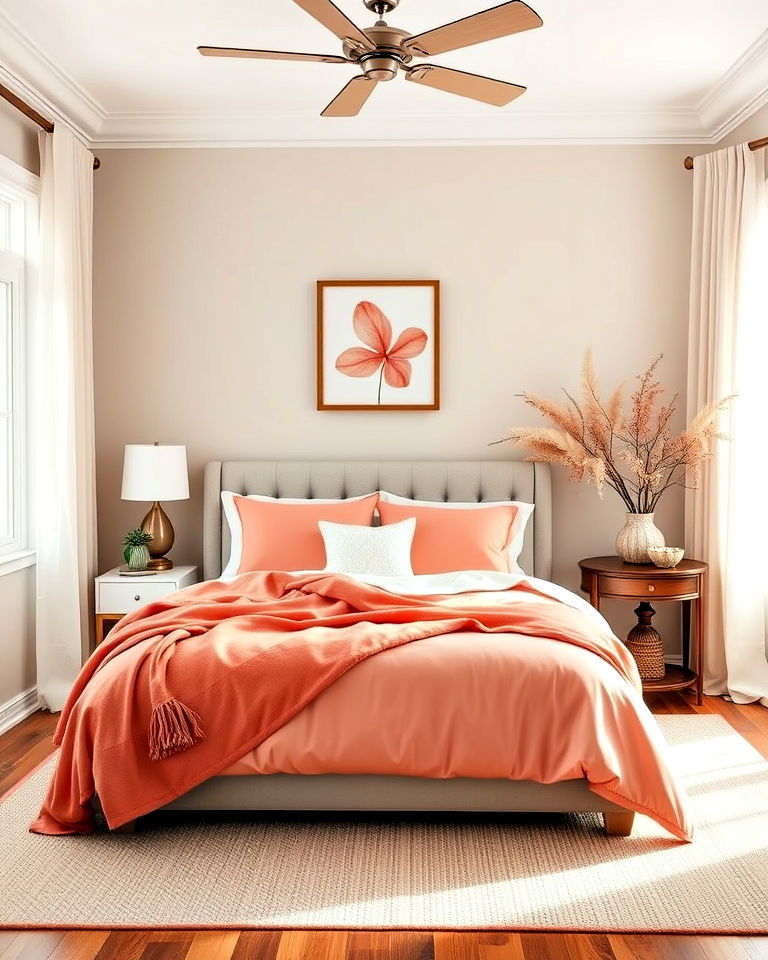 coral bedding with neutral accessories