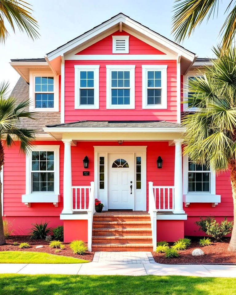 coral pink with white trim house exterioror a statement