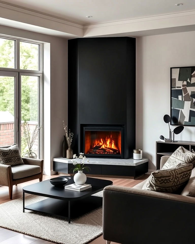 corner black fireplace living room