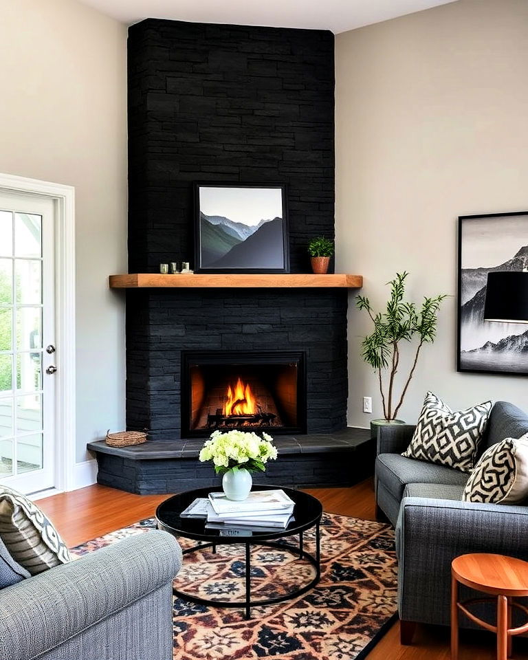 corner black stone fireplace for smaller spaces