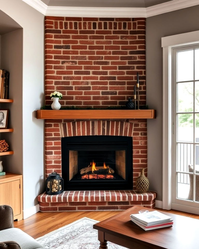 corner brick fireplace