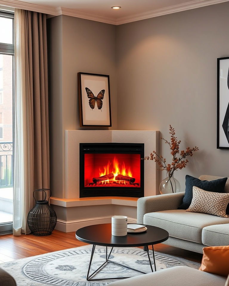 corner fireplace in a small space