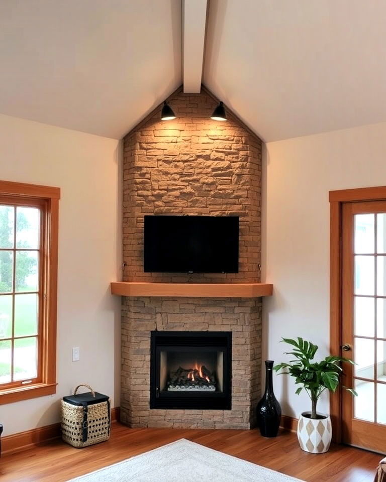 corner fireplace in a vaulted ceiling great room