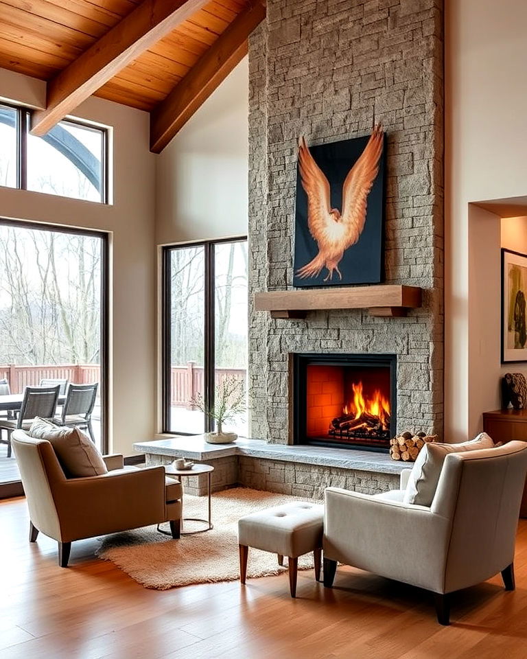 corner fireplace with a large hearth