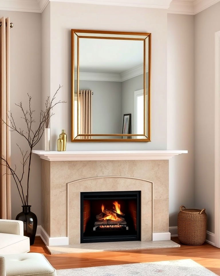 corner fireplace with a mirror above