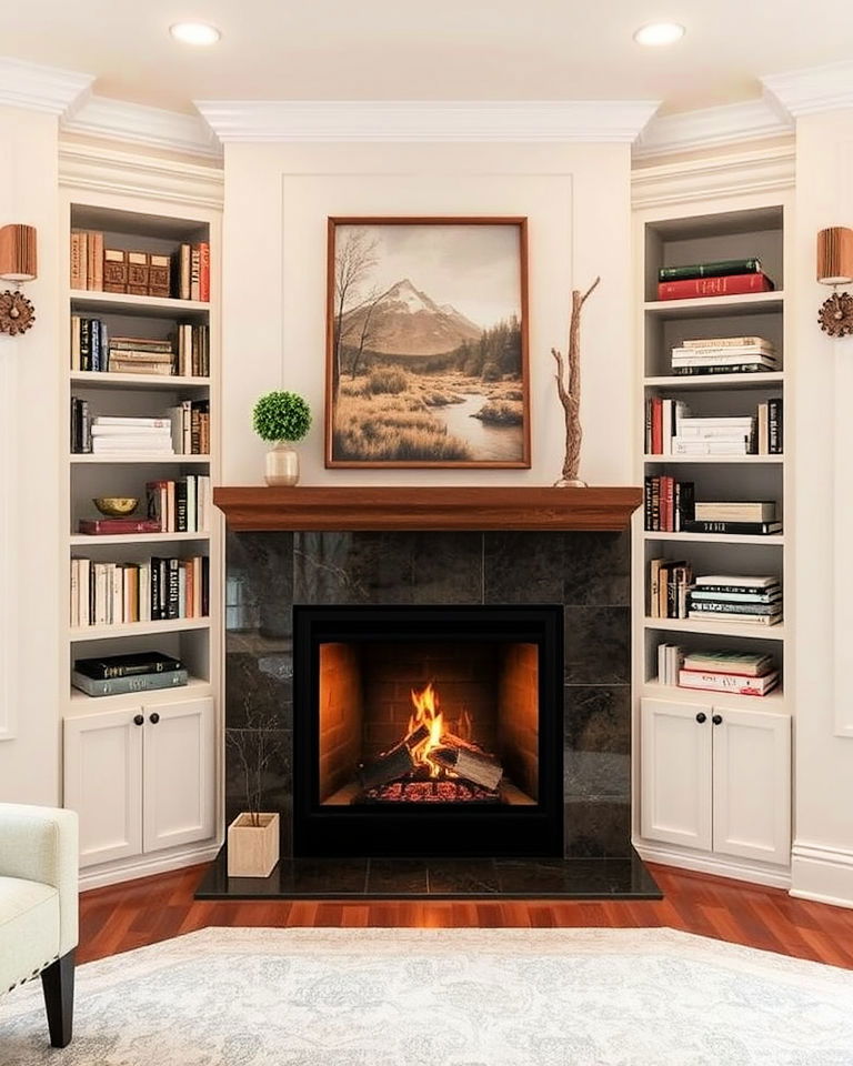 corner fireplace with bookshelves