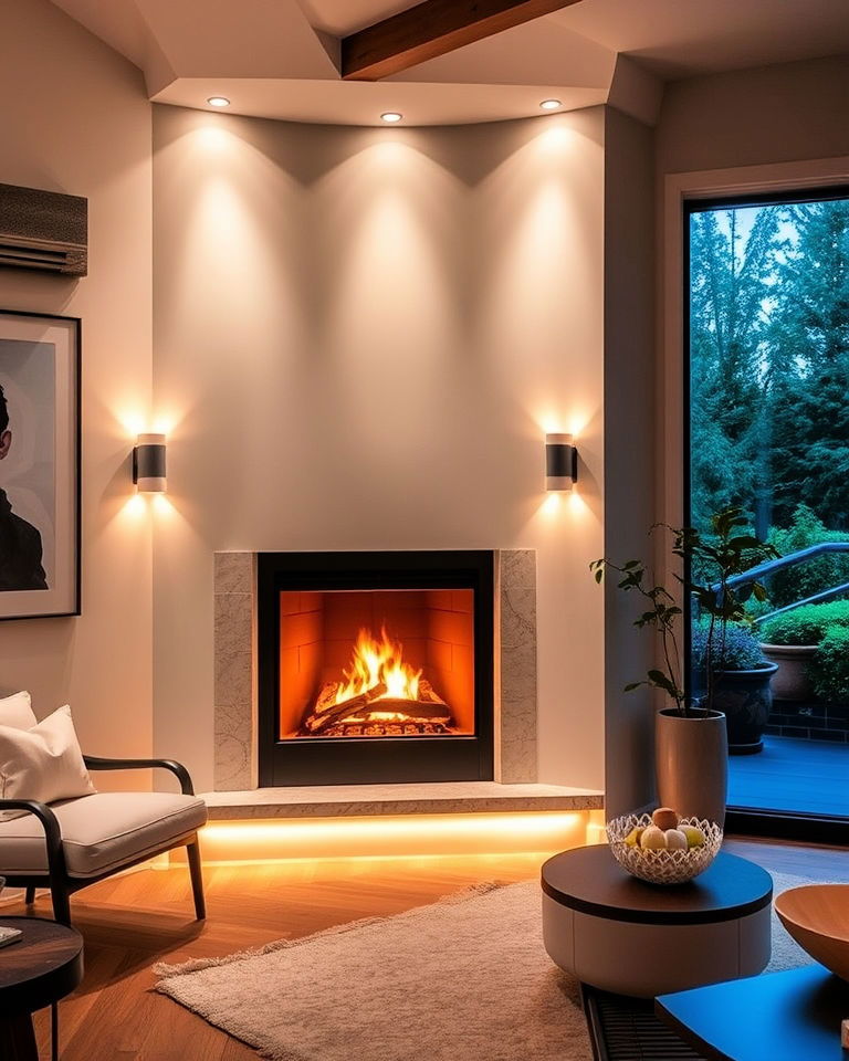 corner fireplace with built in lighting