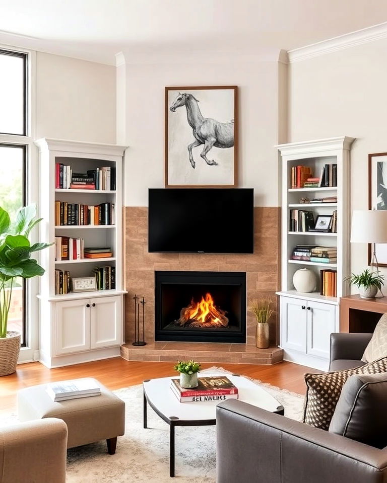 corner fireplace with built in shelves