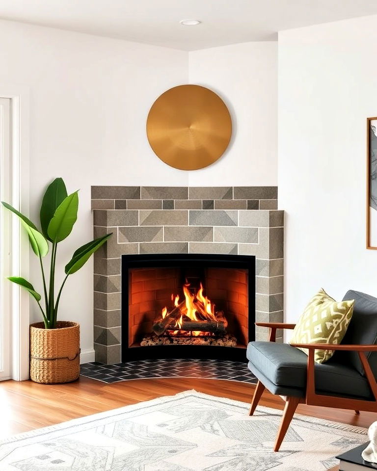 corner fireplace with geometric tile